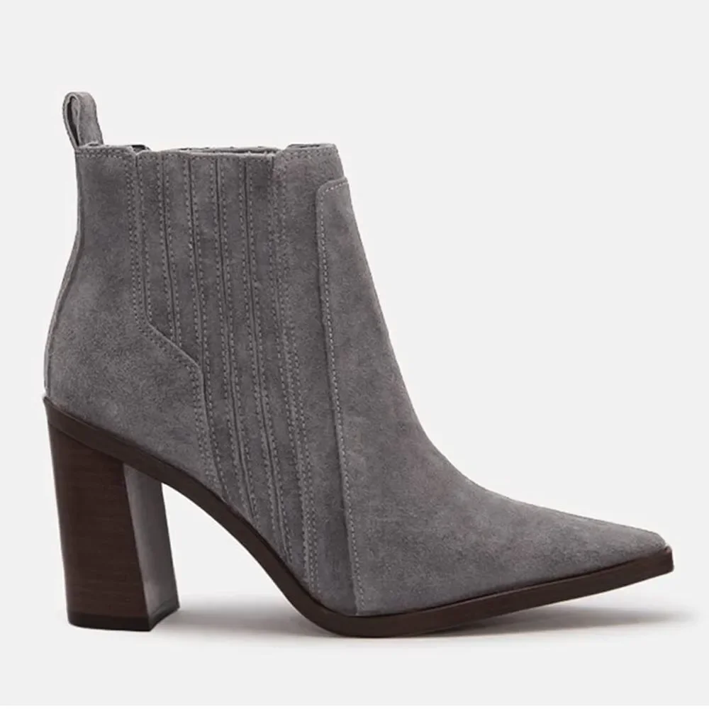 Juliet Holy Block Heel Ankle Boots Comfort Slip on Pointed Toe Mid Booties